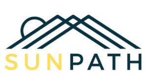 SunPath Logo: "Sunpath" is written in bold capital letters, with Sun using a dark yellow font. Path is written in dark blue, which matches the outline of three overlapping mountain peaks and a partial sun.